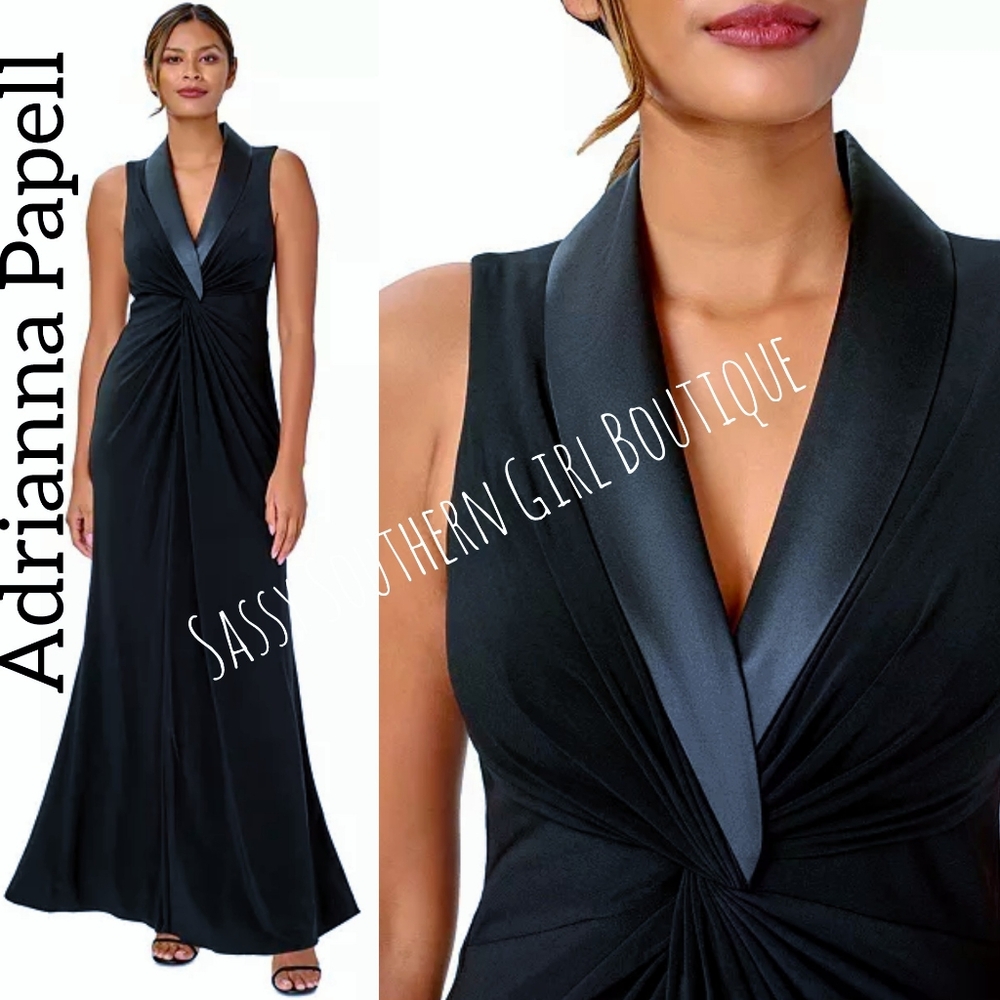 ⭐🆕 Adrianna Papell Midnight Blue Tuxedo Maxi Dress